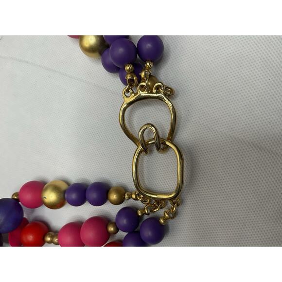 Colorful Necklace Orange Pink Purple Wood Beads Triple Strand Festive Bright - Picture 7 of 7